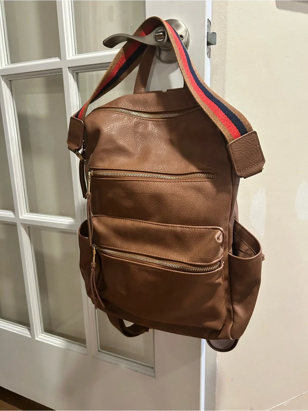 Classic Brown Leather Women's Backpack with Striped Shoulder Strap